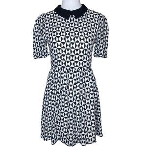 Sweet Rain Black White Aztec Print 3/4 Sleeve Peter Pan Collar Zip Dress Sz Sm